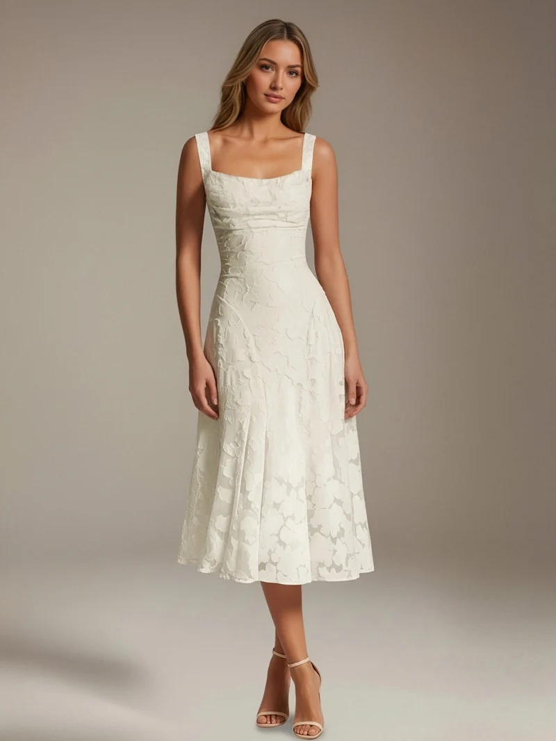 Robe Longue en Dentelle Col Carré - Élégante Silhouette Raffinée