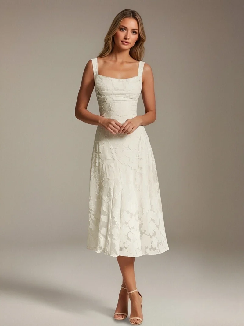 Robe Longue en Dentelle Col Carré - Élégante Silhouette Raffinée