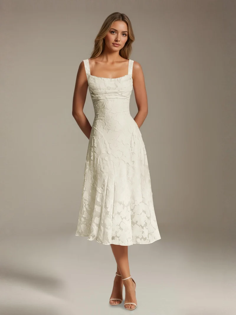 Robe Longue en Dentelle Col Carré - Élégante Silhouette Raffinée
