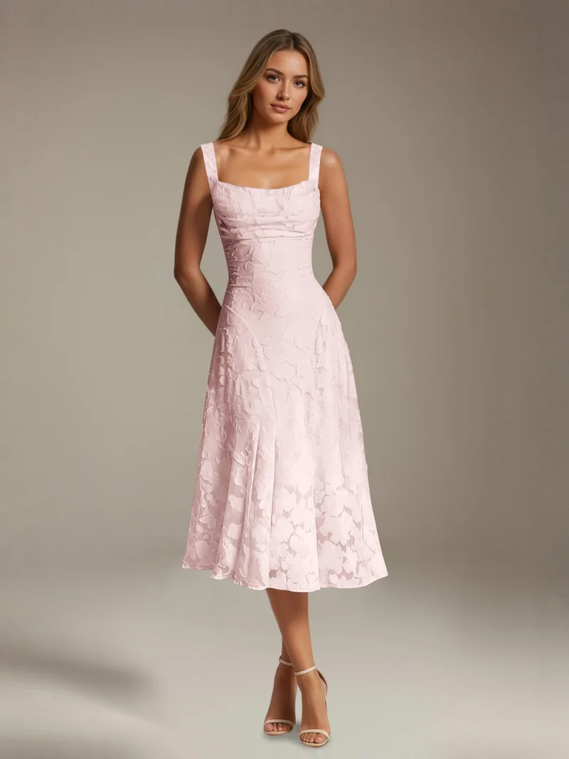 Robe Longue en Dentelle Col Carré - Élégante Silhouette Raffinée
