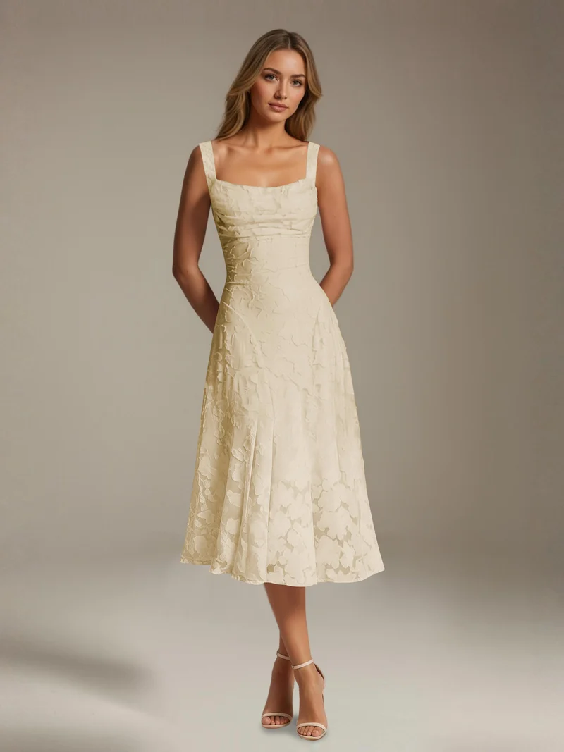 Robe Longue en Dentelle Col Carré - Élégante Silhouette Raffinée