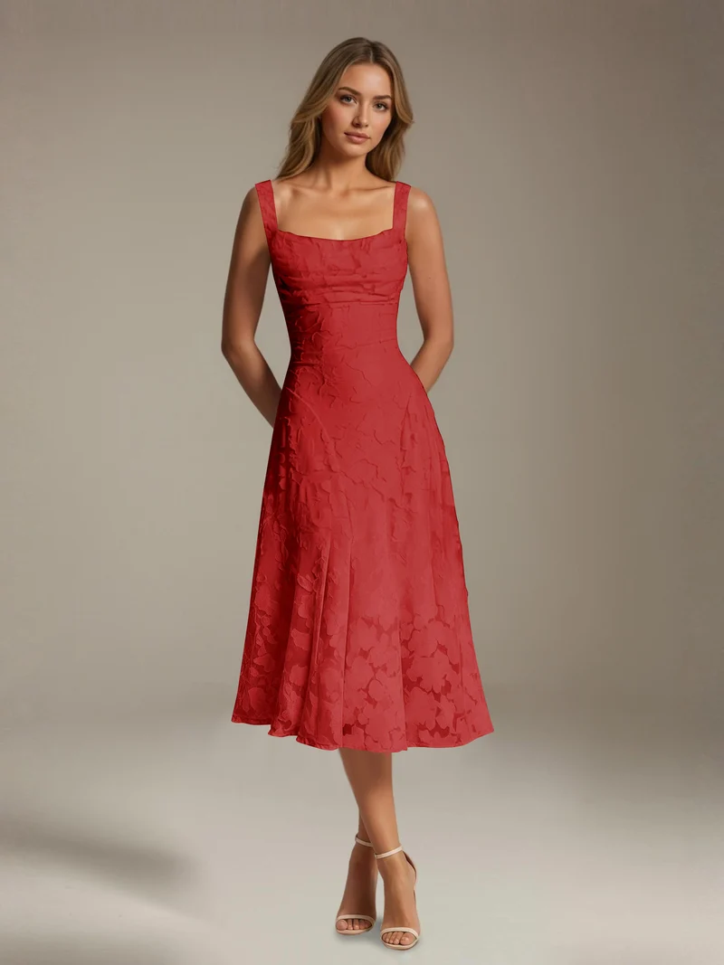 Robe Longue en Dentelle Col Carré - Élégante Silhouette Raffinée
