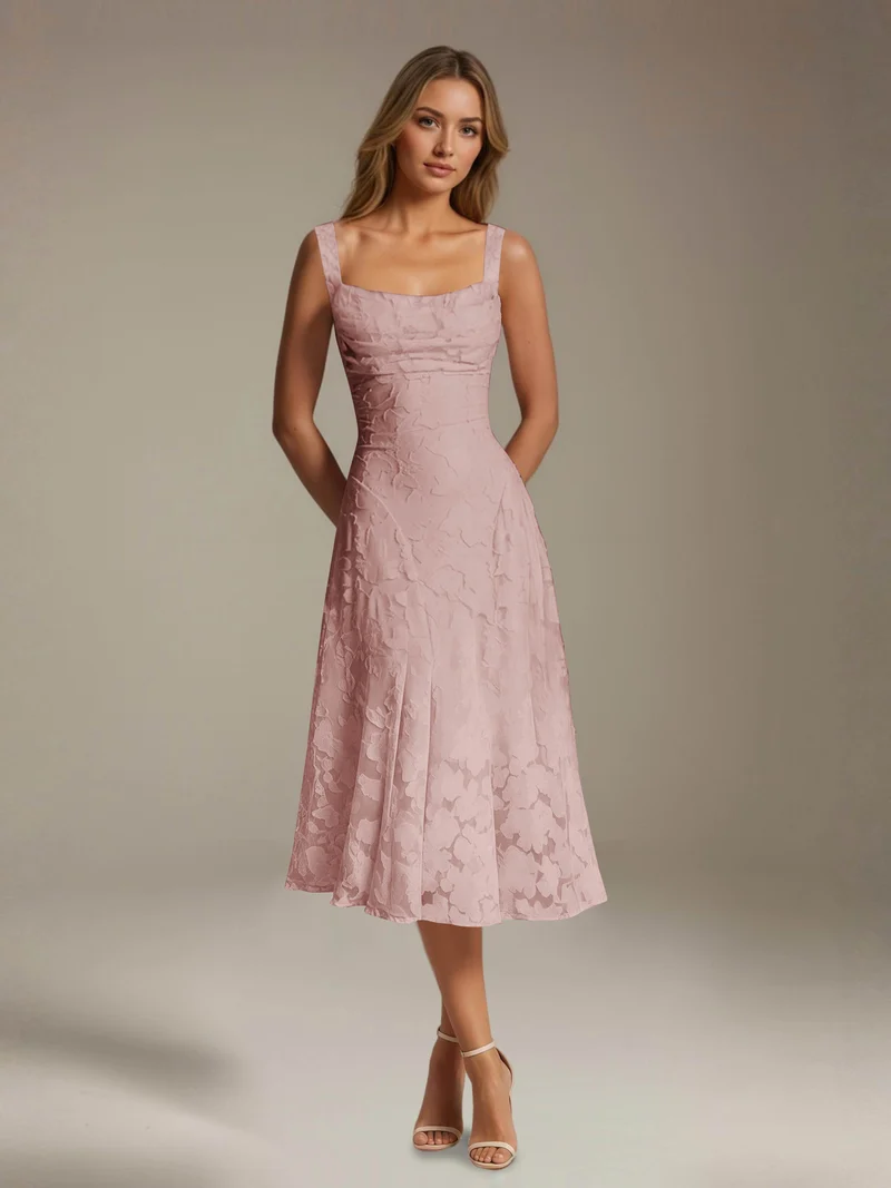 Robe Longue en Dentelle Col Carré - Élégante Silhouette Raffinée