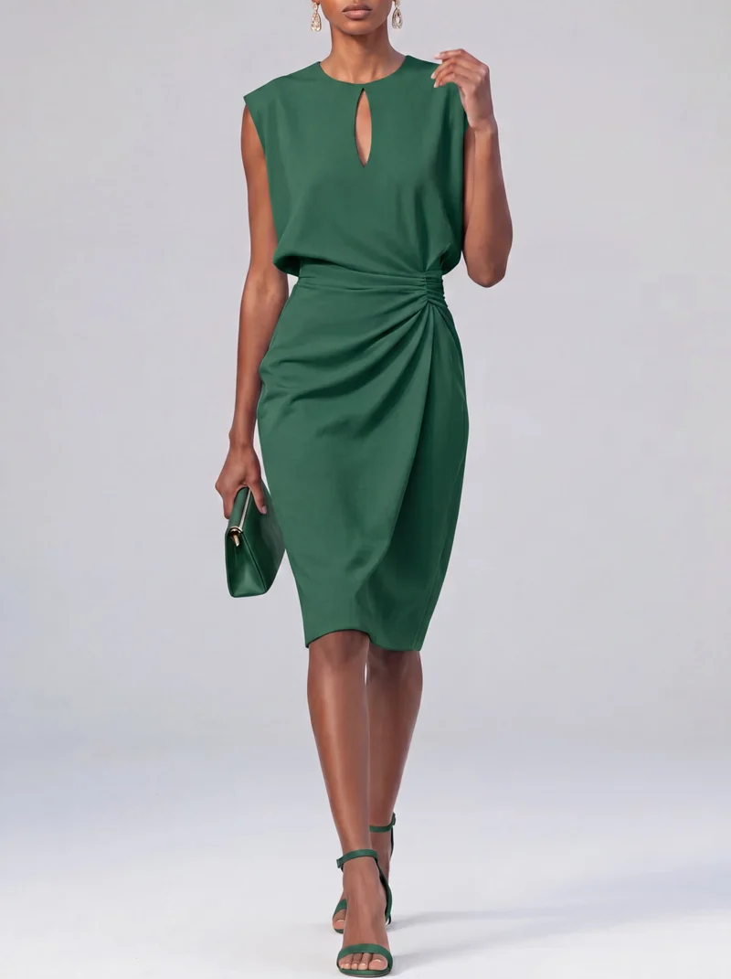 Robe midi froncée col ouvert - Élégante silhouette fluide estivale