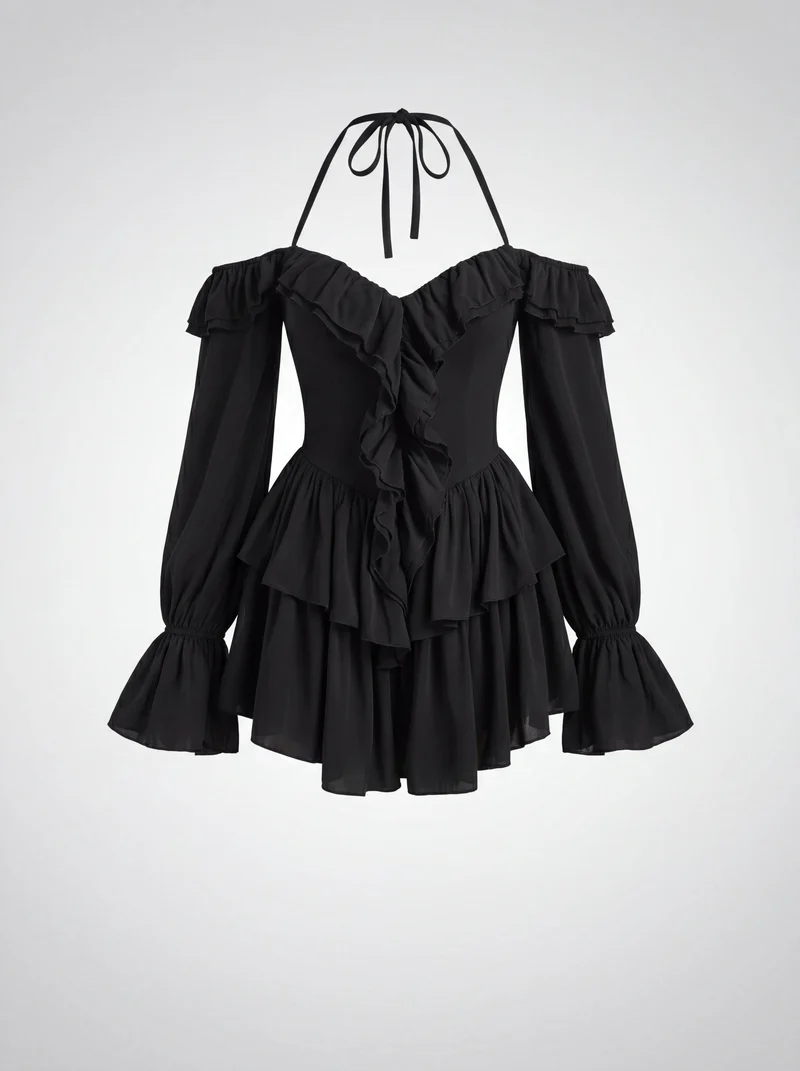 Robe Mini Volants Épaules Dégagées - Élégante Silhouette Féminine