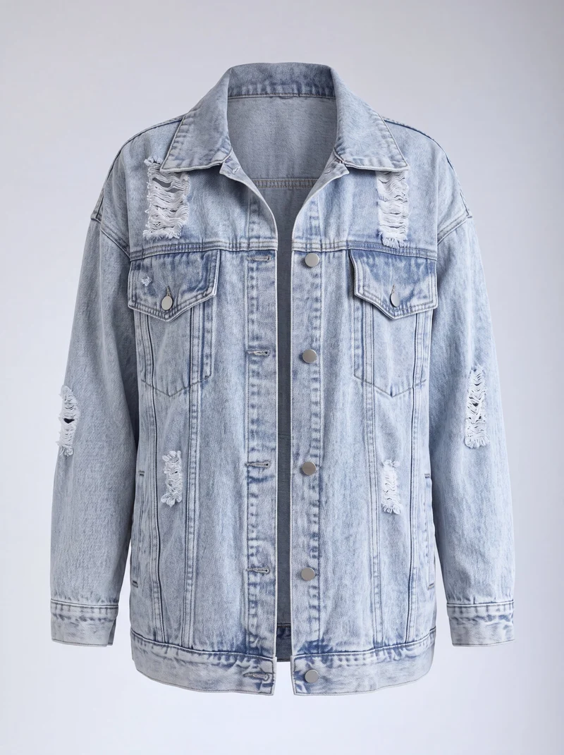 Veste Denim Oversized Effet Usé - Style Urbain Élégant Décontracté