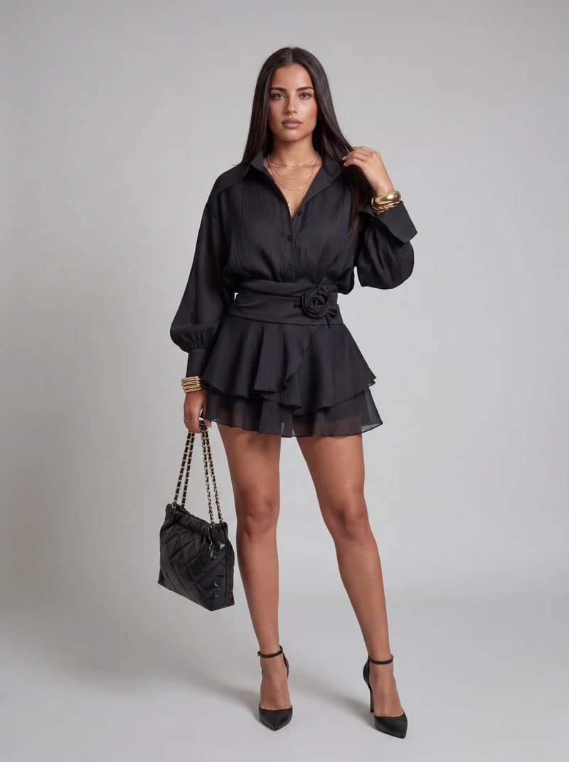 Robe Mini Taille Froncée Roses - Élégante Allure Romantique