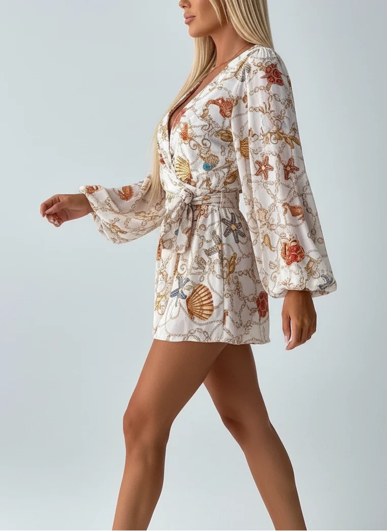 Robe Short Col V Manches Ballon - Élégante Coupe Flatteuse