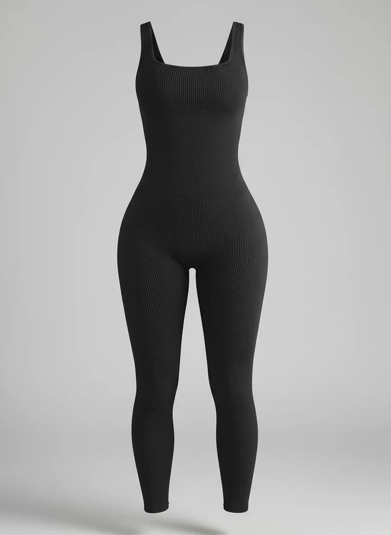Combinaison Côtelée à Col Carré - Tenue Élégante Coupe Ajustée