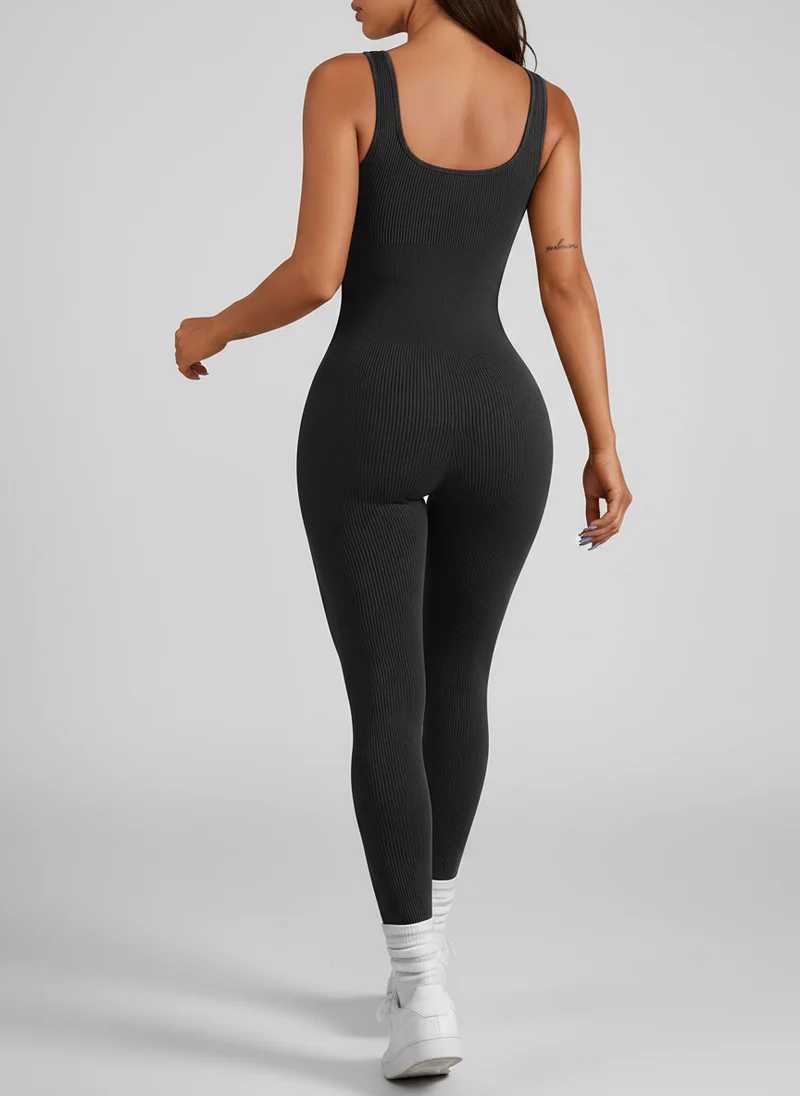 Combinaison Côtelée à Col Carré - Tenue Élégante Coupe Ajustée