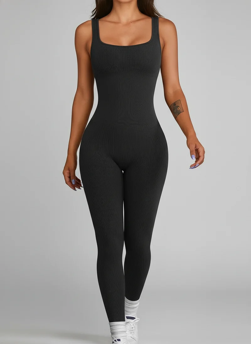 Combinaison Côtelée à Col Carré - Tenue Élégante Coupe Ajustée