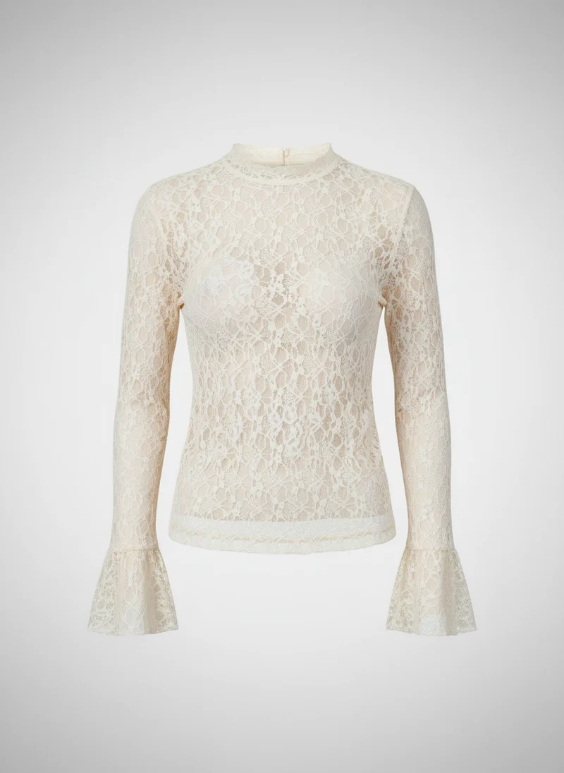 Haut en Dentelle à Manches Évasées - Blouse Élégante Transparente