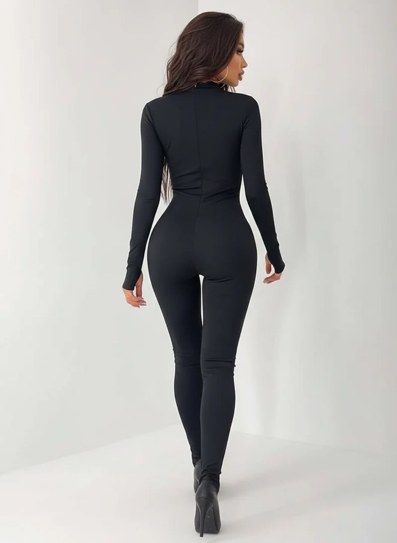 Combinaison Zippée à Décolleté Plongeant - Tenue Élégante Coupe Moulante
