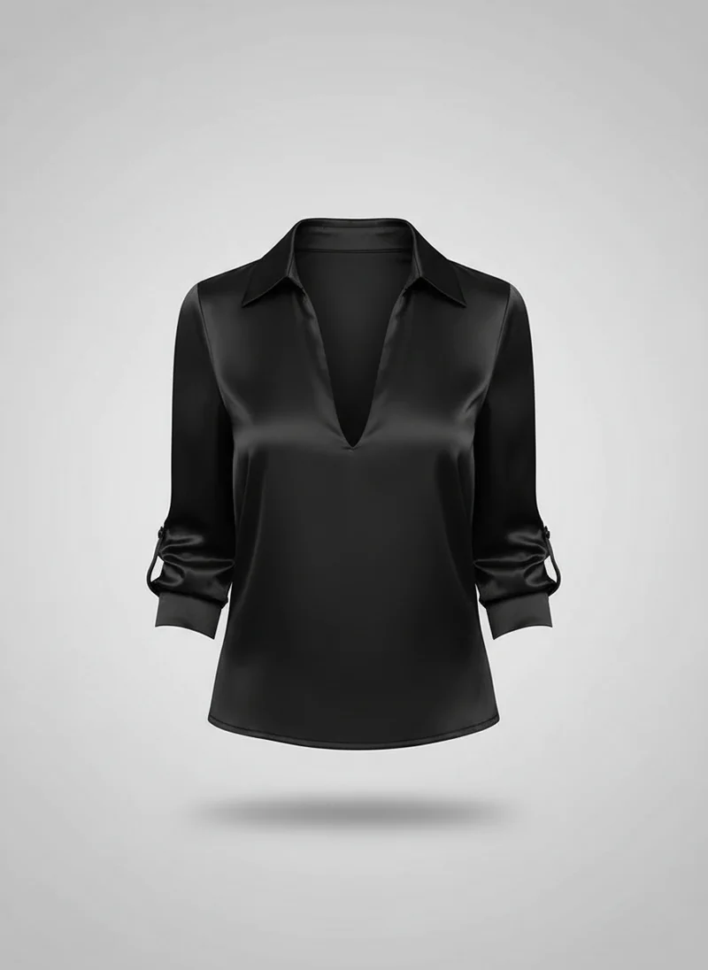 Blouse Satinée à Col V - Haut Élégant Effet Soyeux