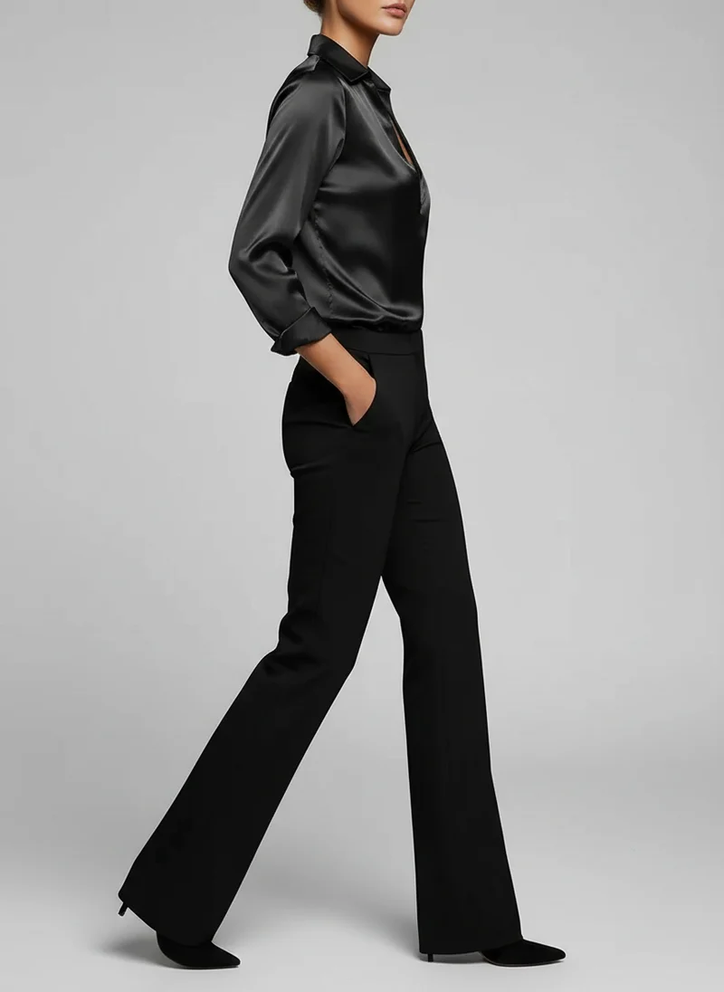 Blouse Satinée à Col V - Haut Élégant Effet Soyeux