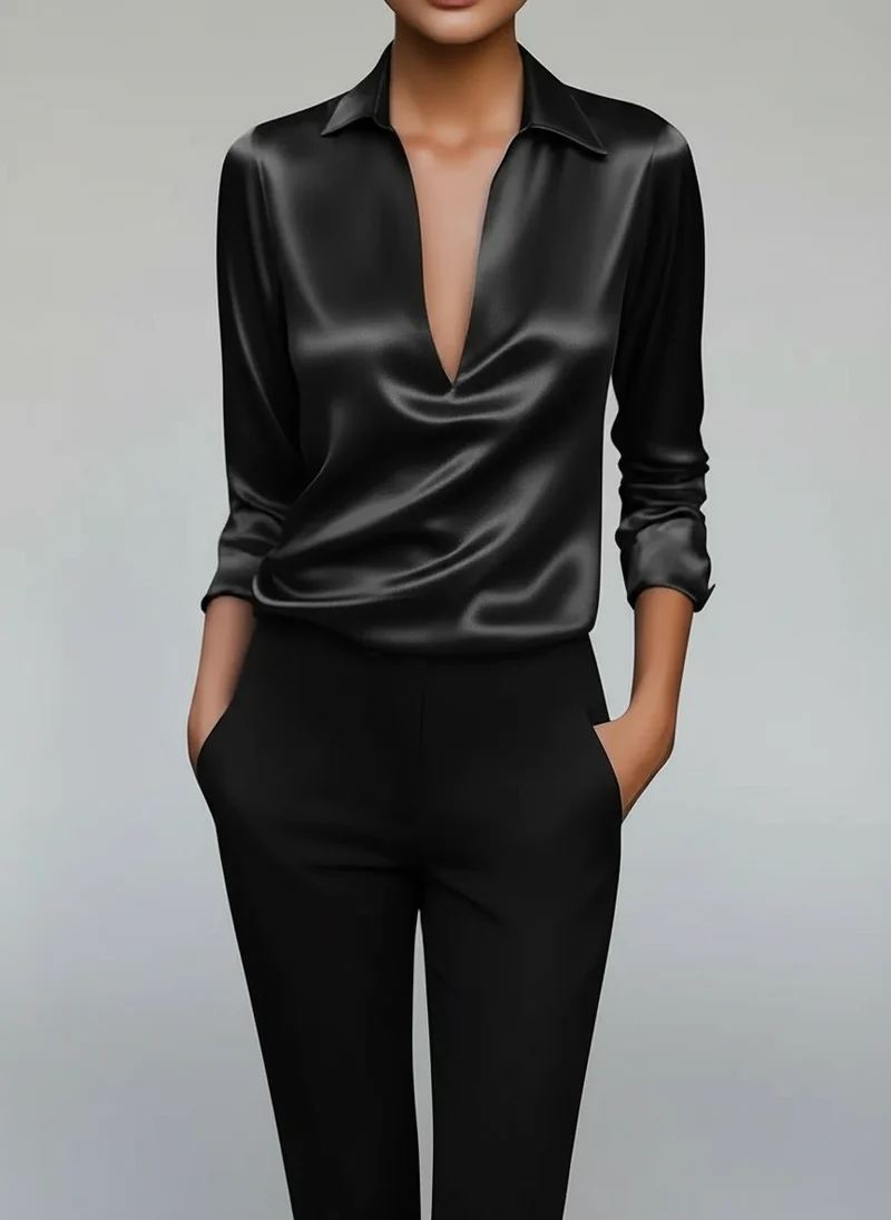 Blouse Satinée à Col V - Haut Élégant Effet Soyeux
