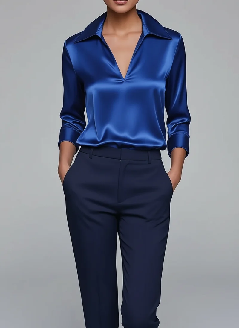 Blouse Satinée à Col V - Haut Élégant Effet Soyeux