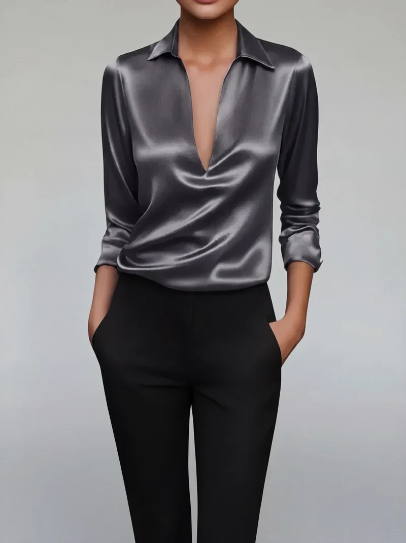Blouse Satinée à Col V - Haut Élégant Effet Soyeux