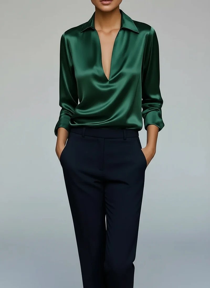 Blouse Satinée à Col V - Haut Élégant Effet Soyeux