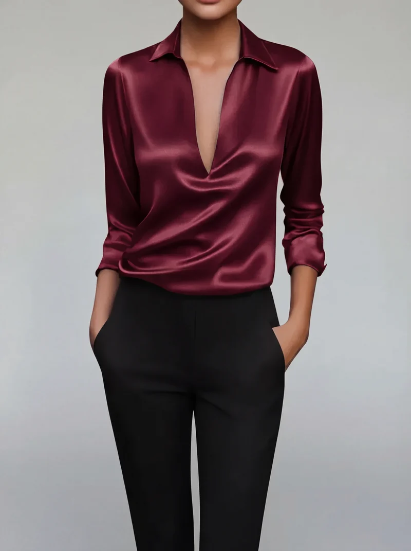 Blouse Satinée à Col V - Haut Élégant Effet Soyeux