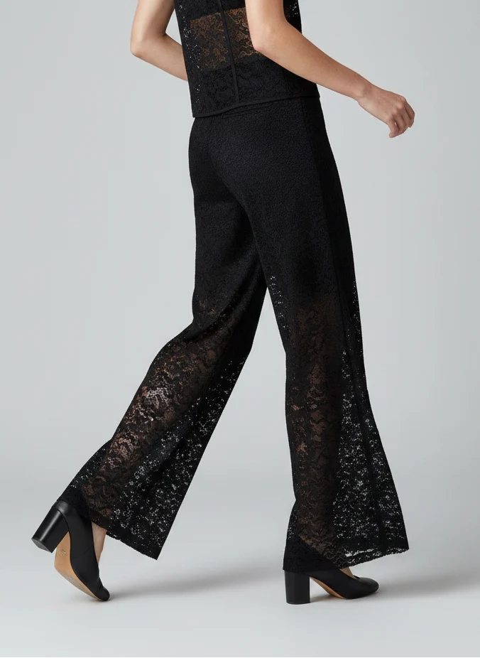Pantalon Taille Haute en Dentelle Florale - Pantalon Élégant Coupe Ajustée