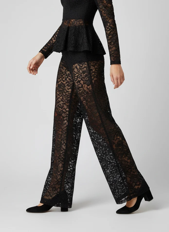 Pantalon Taille Haute en Dentelle Florale - Pantalon Élégant Coupe Ajustée