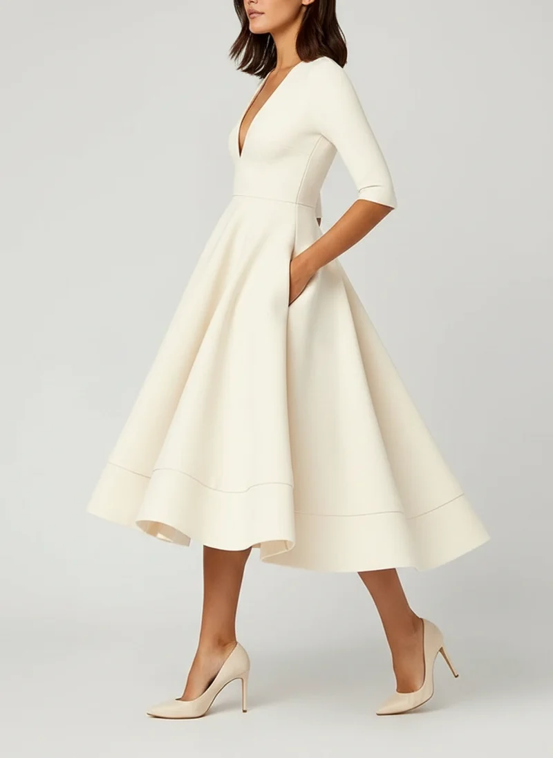 Robe midi col V plissée