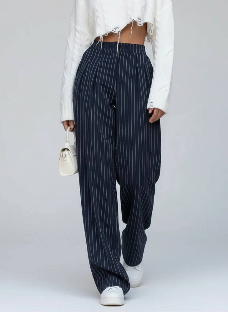Pantalon large taille haute plissé