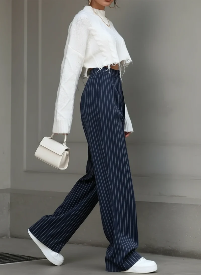 Pantalon large taille haute plissé