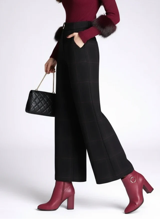 Pantalon taille haute à carreaux look moderne