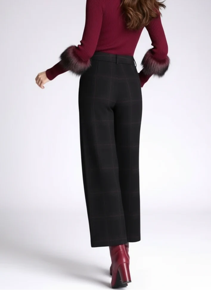 Pantalon taille haute à carreaux look moderne