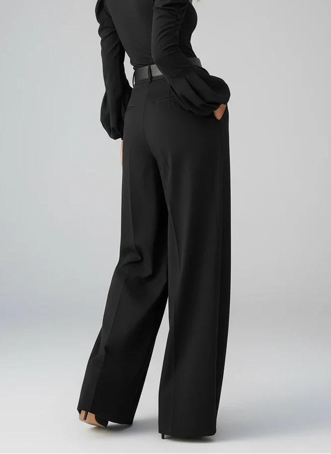 Pantalon large taille haute à plis silhouette fluide