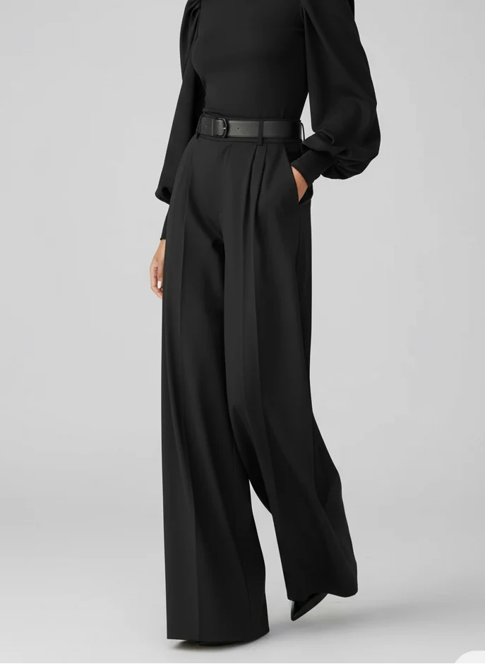 Pantalon large taille haute à plis silhouette fluide