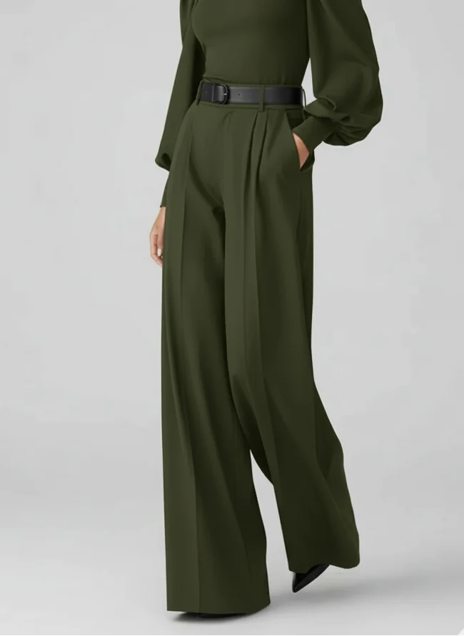 Pantalon large taille haute à plis silhouette fluide