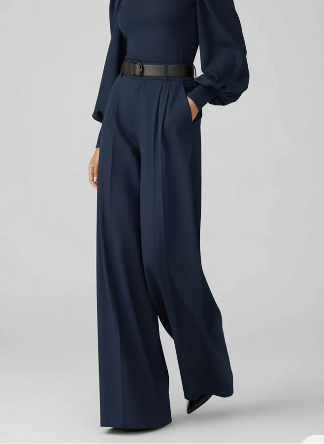 Pantalon large taille haute à plis silhouette fluide