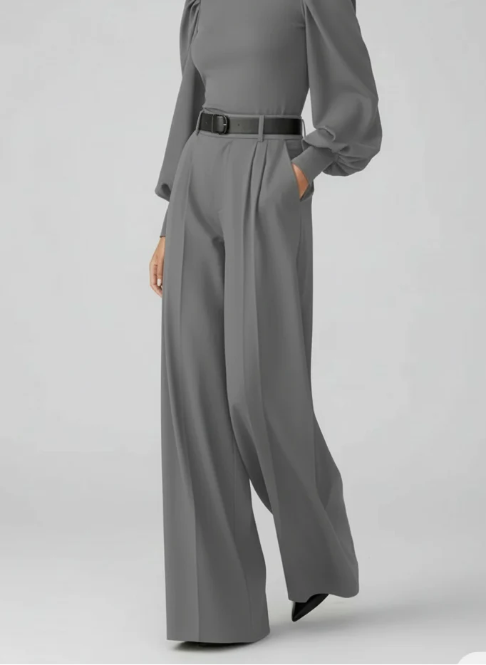 Pantalon large taille haute à plis silhouette fluide