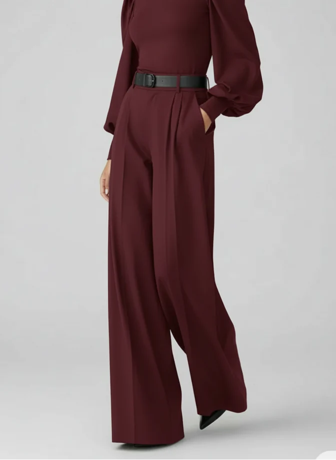 Pantalon large taille haute à plis silhouette fluide