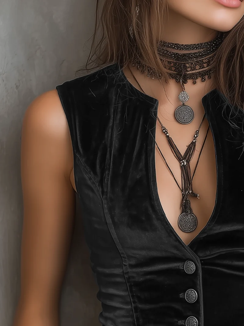 Vintage Gilet en Velours à Col V