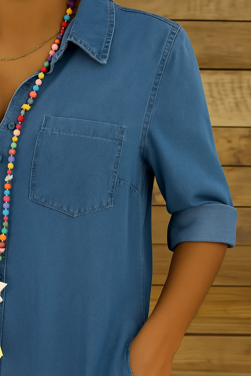Robe Chemise Femme en Jean avec Boutons et Poches Poitrine