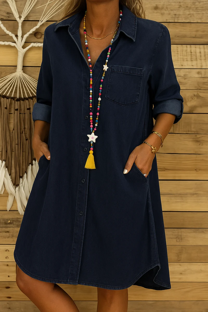 Robe Chemise Femme en Jean avec Boutons et Poches Poitrine