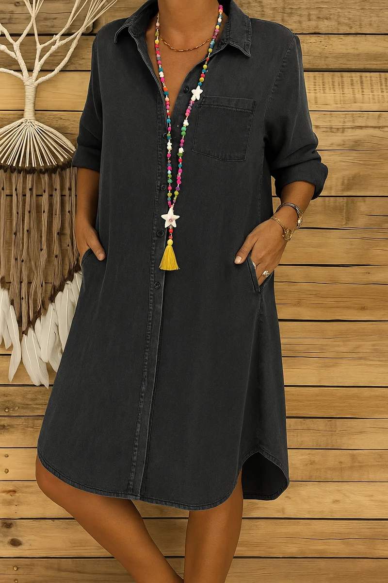 Robe Chemise Femme en Jean avec Boutons et Poches Poitrine