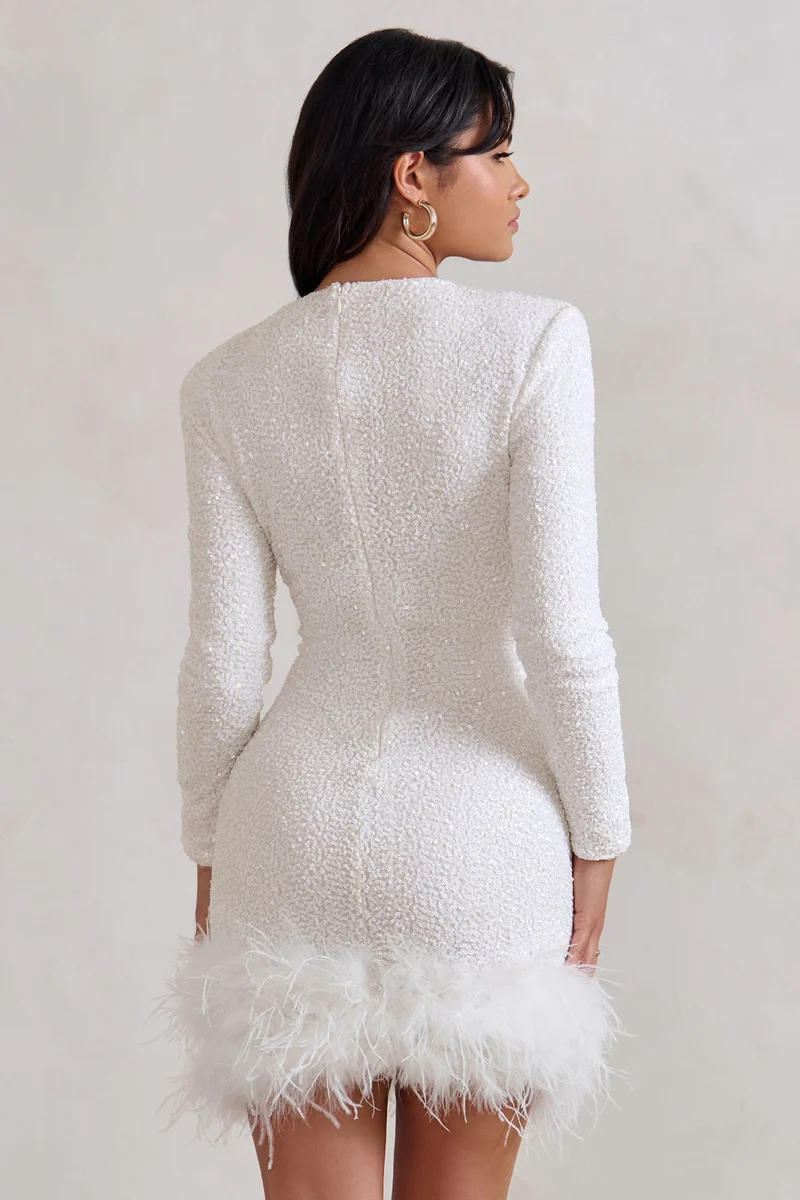 Robe Mini pour Femmes à Manches Longues avec Ourlet en Plumes Élégant