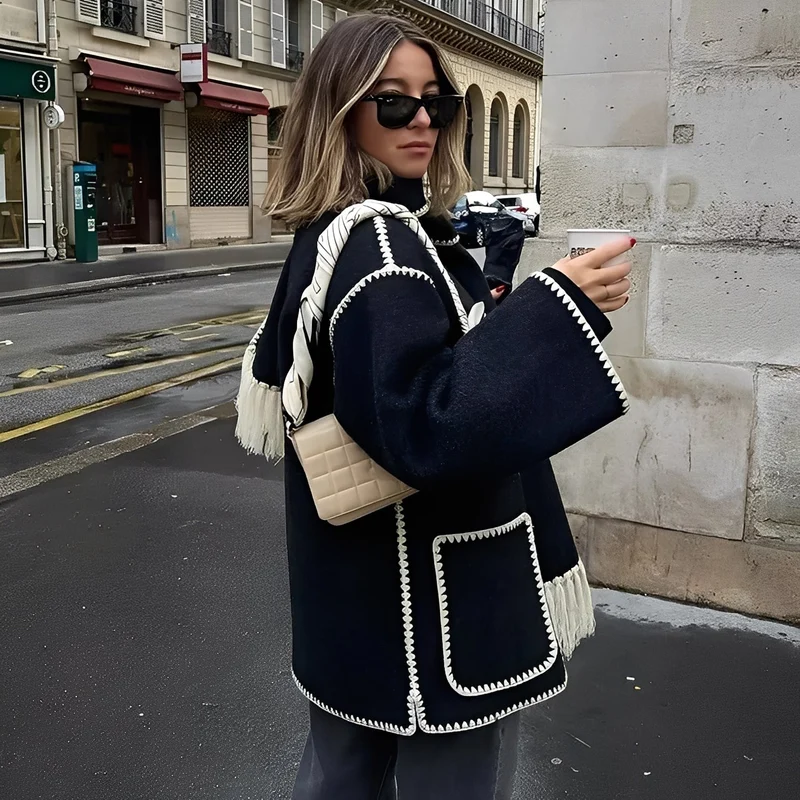 Veste Ample Élégante en Laine avec Écharpe Intégrée pour Femme