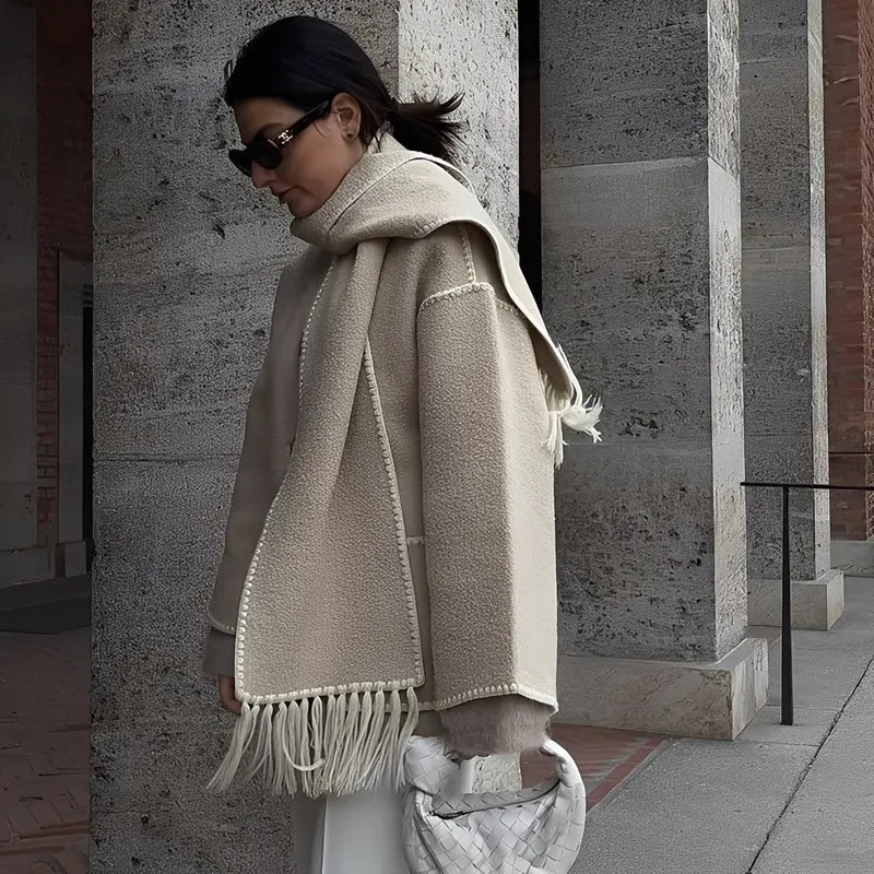 Veste Ample Élégante en Laine avec Écharpe Intégrée pour Femme