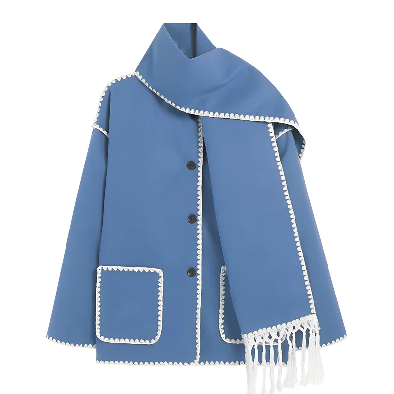 Veste Ample Élégante en Laine avec Écharpe Intégrée pour Femme