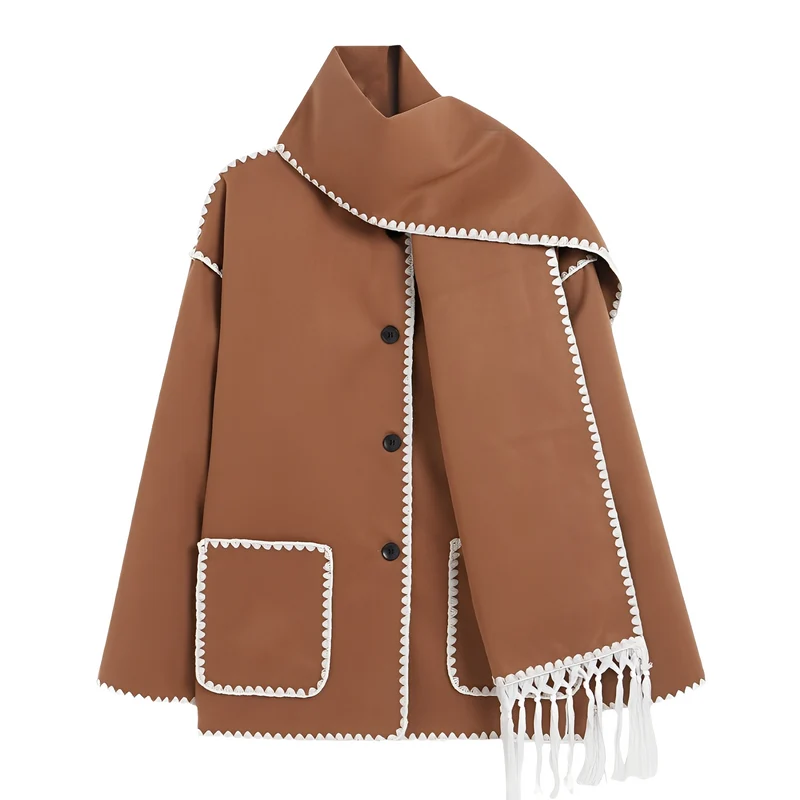 Veste Ample Élégante en Laine avec Écharpe Intégrée pour Femme