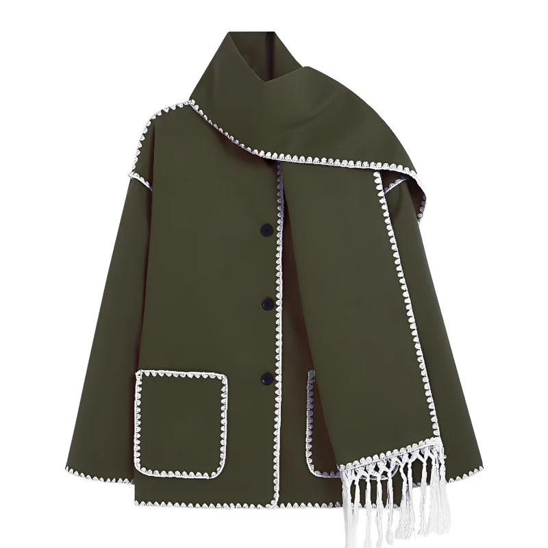 Veste Ample Élégante en Laine avec Écharpe Intégrée pour Femme