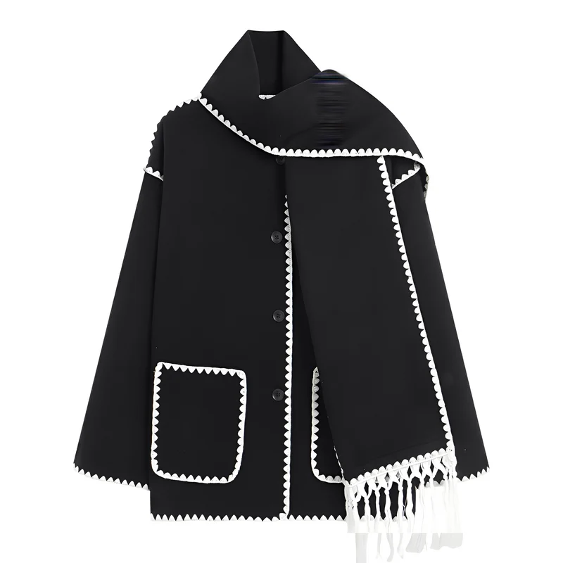 Veste Ample Élégante en Laine avec Écharpe Intégrée pour Femme