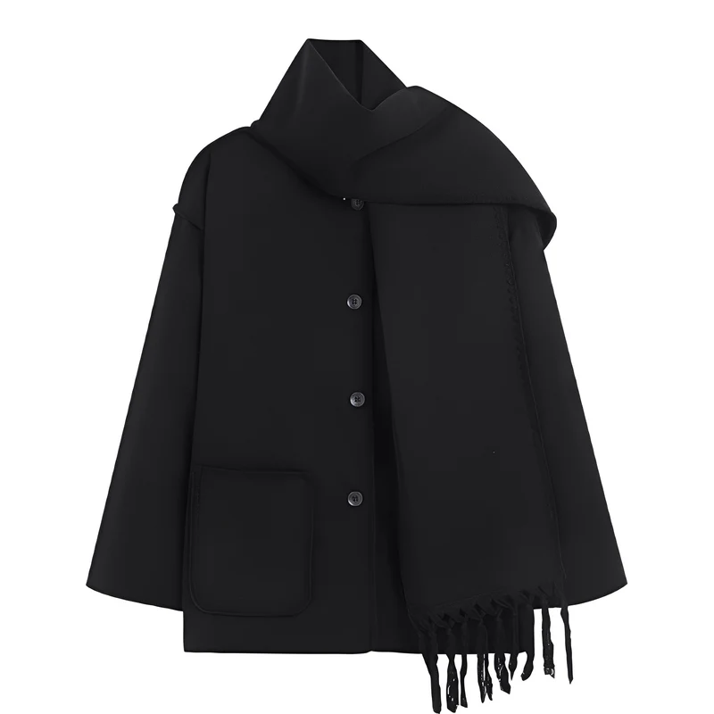 Veste Ample Élégante en Laine avec Écharpe Intégrée pour Femme