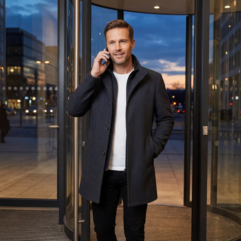 Manteau Mi-Long Homme en Laine avec Col Double Structuré
